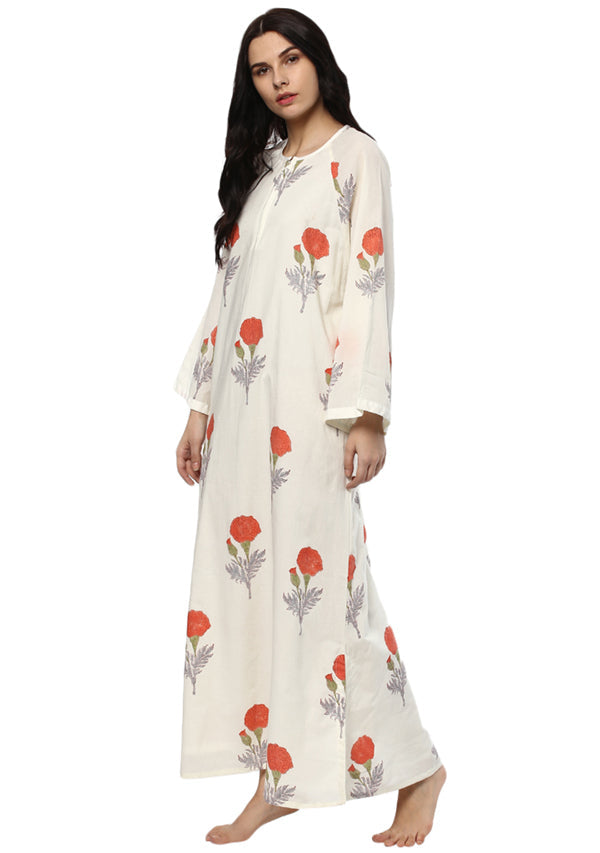 White Orange Floral Hand Block Printed Cotton Night Dress with Bell Sleeves - unidra.myshopify.com