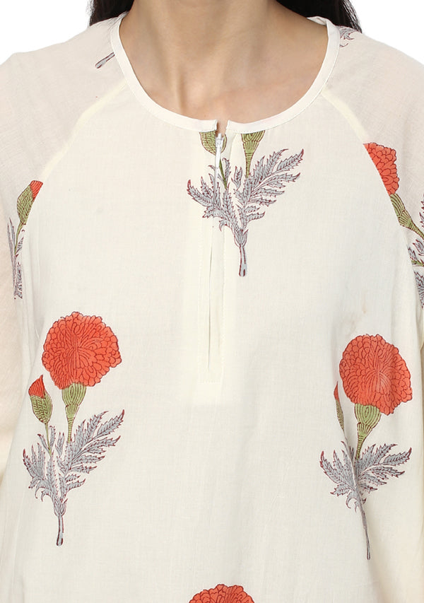 White Orange Floral Hand Block Printed Cotton Night Dress with Bell Sleeves - unidra.myshopify.com