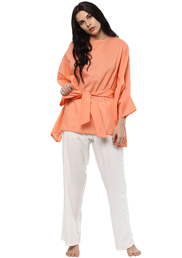 Peach Short Cotton Kaftan with Tie-Up Belt paired with White Pyjamas - unidra.myshopify.com