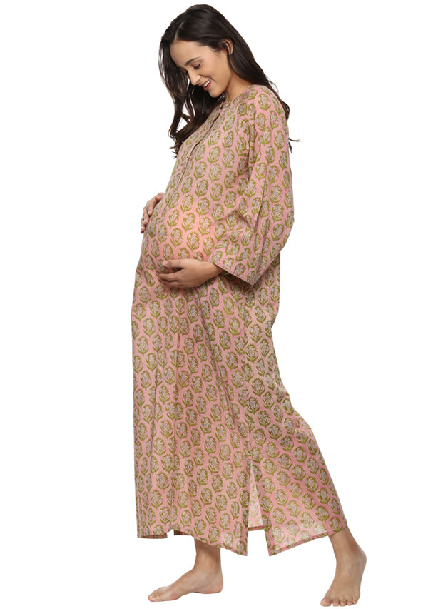 Pink Green Hand Block Printed Cotton Night Dress with Bell Sleeves and Long Zip Detail - unidra.myshopify.com