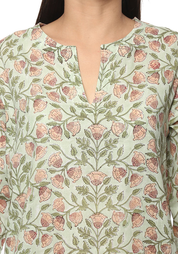 Aqua Peach Hand Block Printed Floral Cotton Night Suit - unidra.myshopify.com