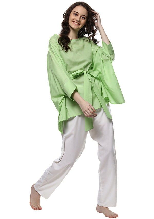 Lime Green Short Cotton Kaftan with Tie-Up Belt paired with White Pyjamas - unidra.myshopify.com