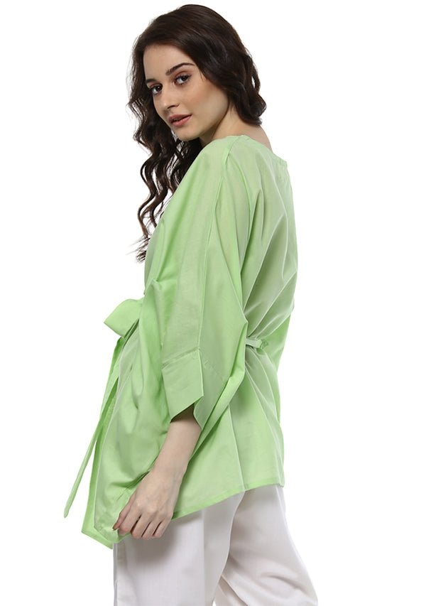 Lime Green Short Cotton Kaftan with Tie-Up Belt paired with White Pyjamas - unidra.myshopify.com