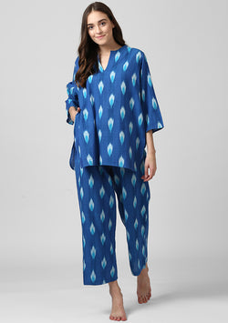 Blue Turquoise Ikat Weave Cotton Night Suit - unidra.myshopify.com