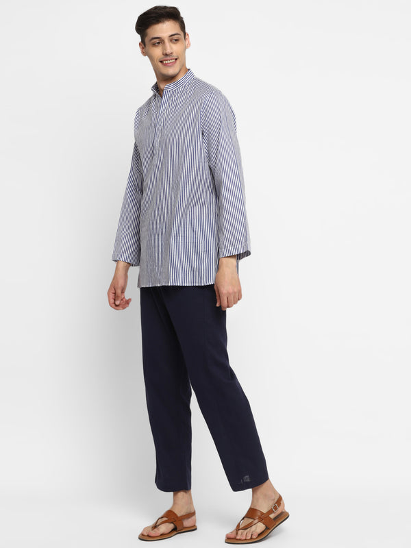 Navy Blue White Striped Cotton Shirt and Pyjamas For Men - unidra.myshopify.com