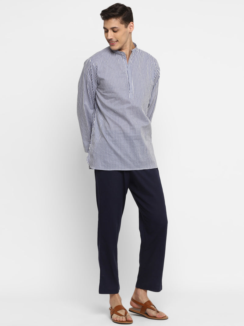 Navy Blue White Striped Cotton Shirt and Pyjamas For Men - unidra.myshopify.com