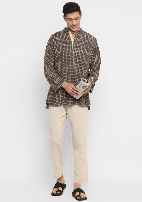 Brown Beige Hand Block Printed Cotton Shirt and Pyjamas For Men - unidra.myshopify.com