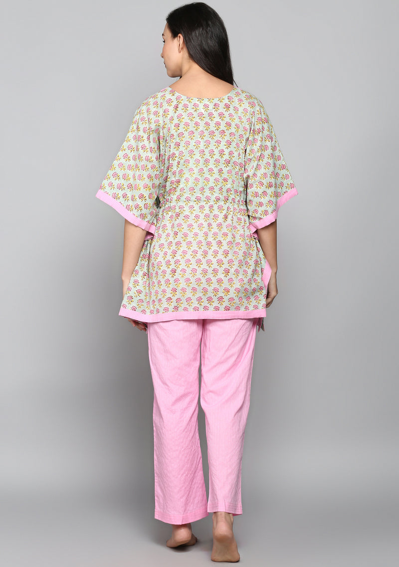 Aqua Pink Hand Block Flower Motif Printed Short Kaftan with Pyjamas - unidra.myshopify.com