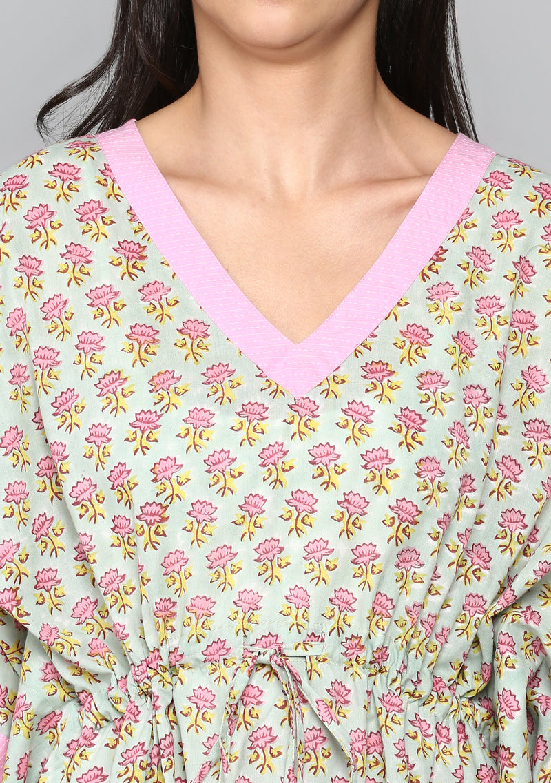 Aqua Pink Hand Block Flower Motif Printed Short Kaftan with Pyjamas - unidra.myshopify.com