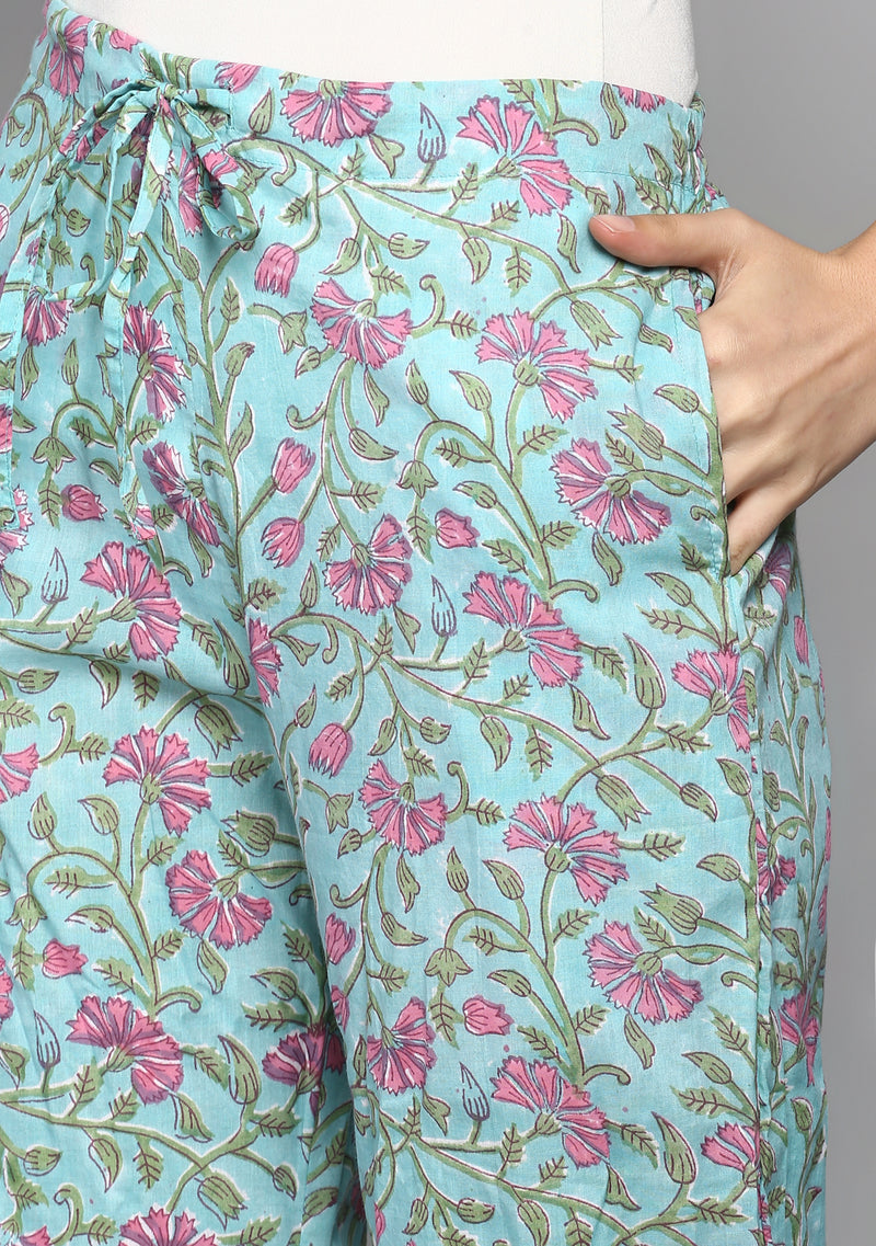 Aqua Pink Hand Block Printed Floral Cotton Night Suit - unidra.myshopify.com