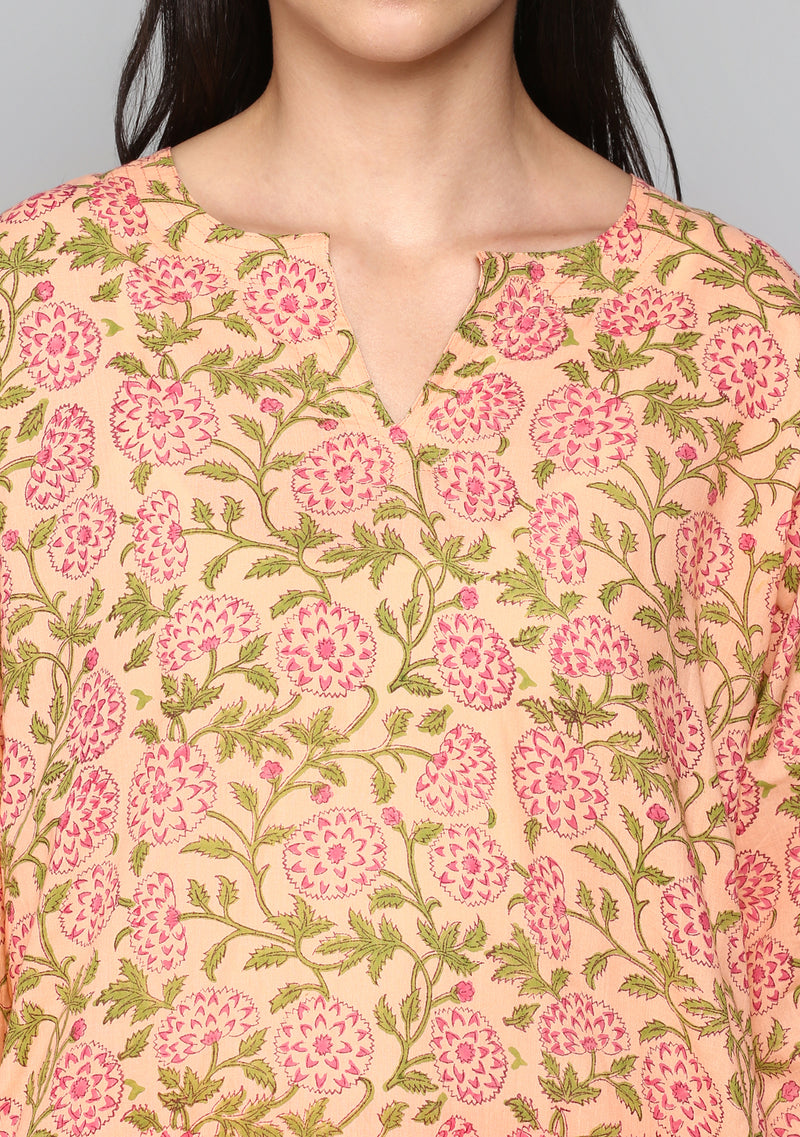 Peach Green Hand Block Floral Printed Cotton Night Suit - unidra.myshopify.com