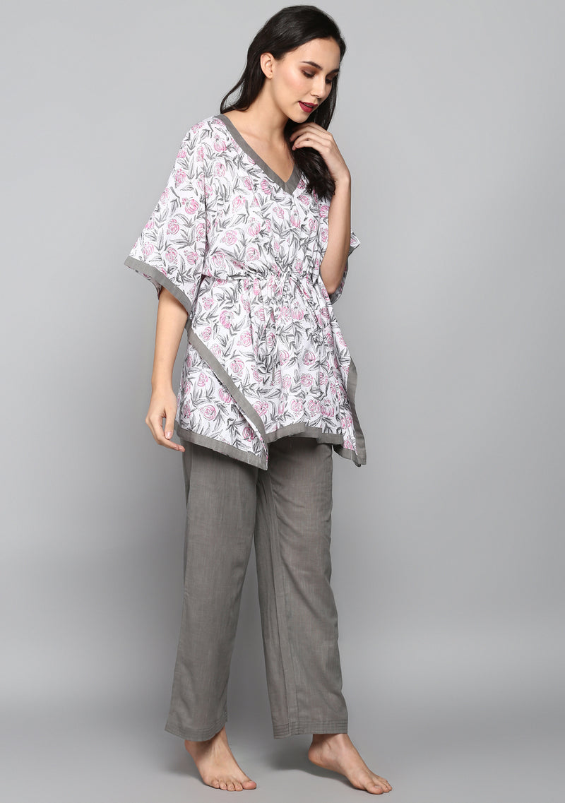 Grey Pink Hand Block Floral Printed Short Kaftan with Pyjamas - unidra.myshopify.com