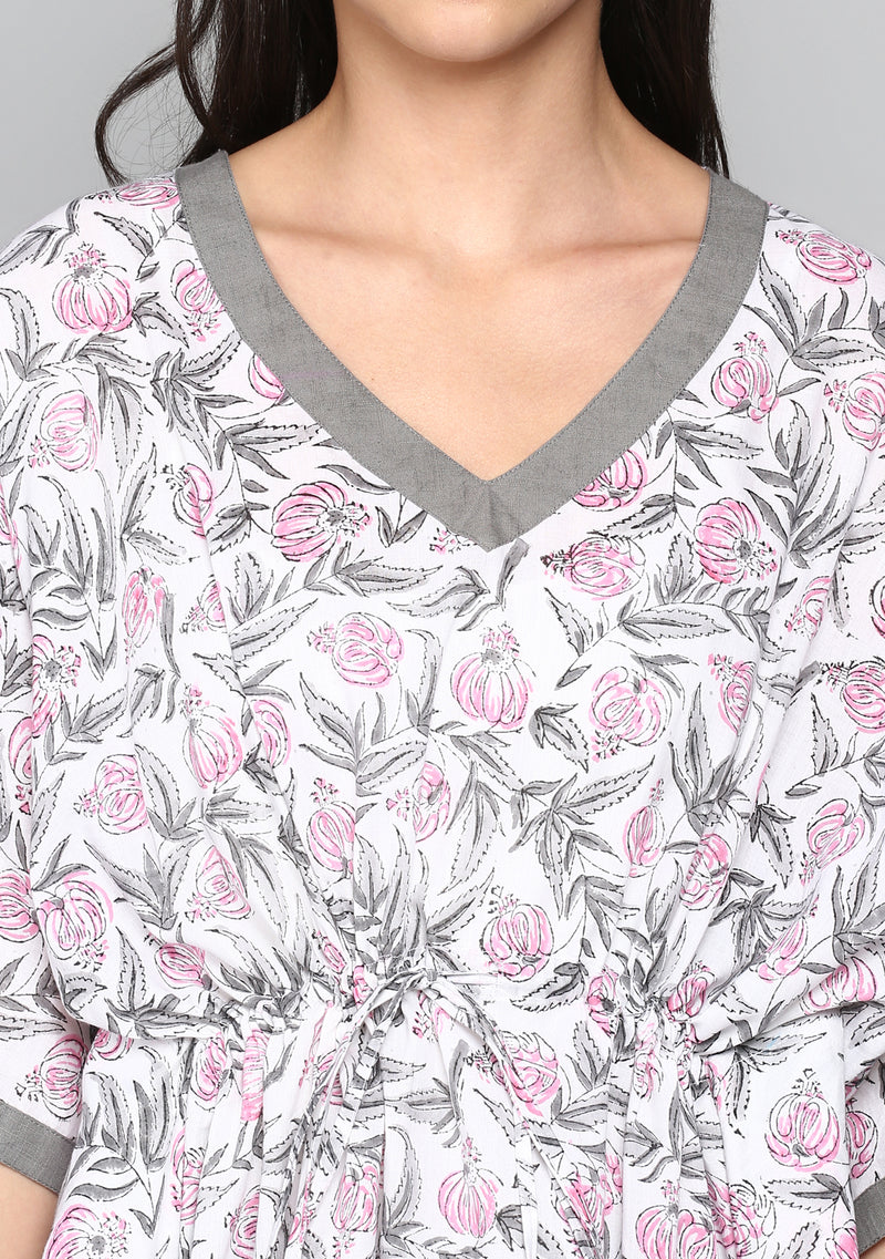 Grey Pink Hand Block Floral Printed Short Kaftan with Pyjamas - unidra.myshopify.com