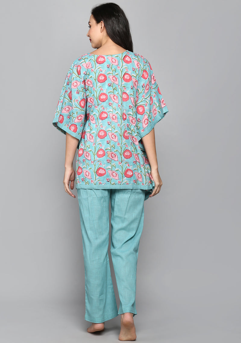 Turquoise Pink Hand Block Floral Printed Short Kaftan with Pyjamas - unidra.myshopify.com