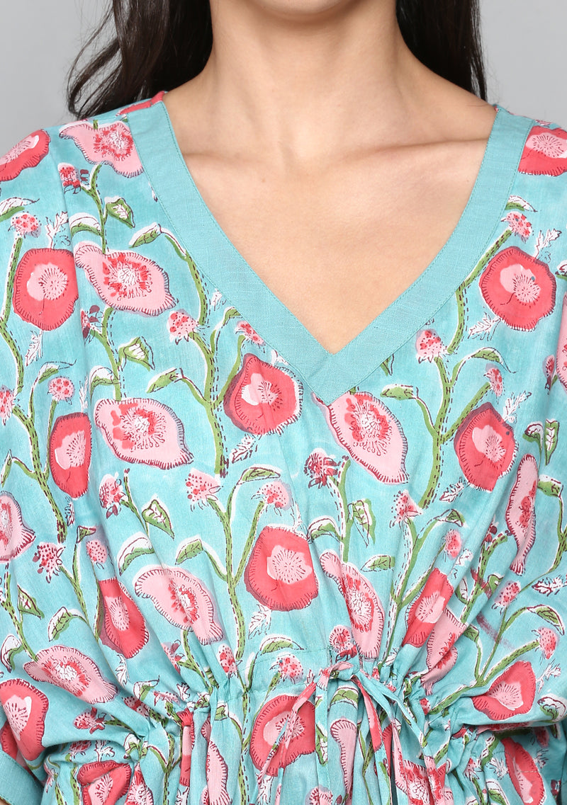 Turquoise Pink Hand Block Floral Printed Short Kaftan with Pyjamas - unidra.myshopify.com