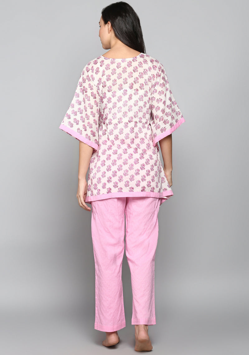 White Pink Hand Block Flower Motif Printed Short Kaftan with Pyjamas - unidra.myshopify.com
