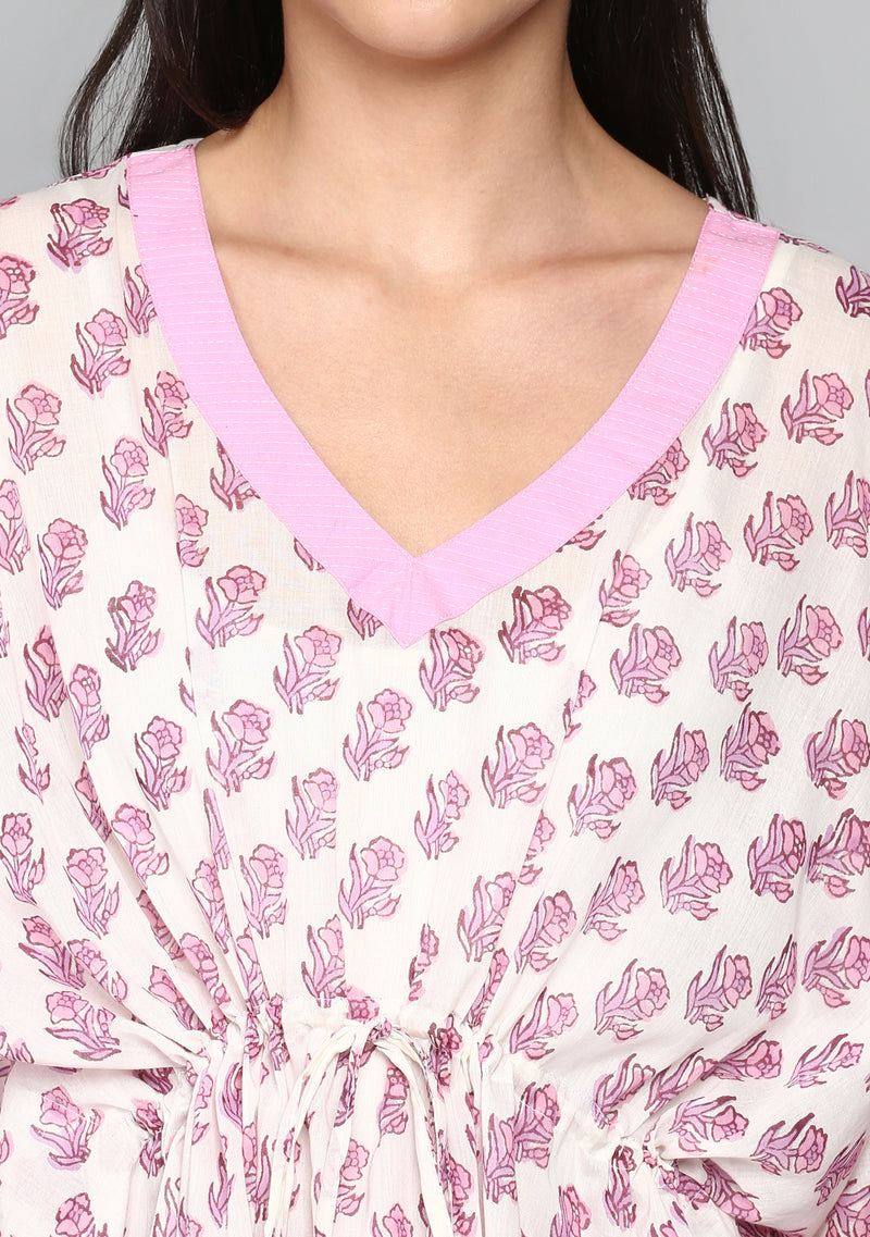 White Pink Hand Block Flower Motif Printed Short Kaftan with Pyjamas - unidra.myshopify.com