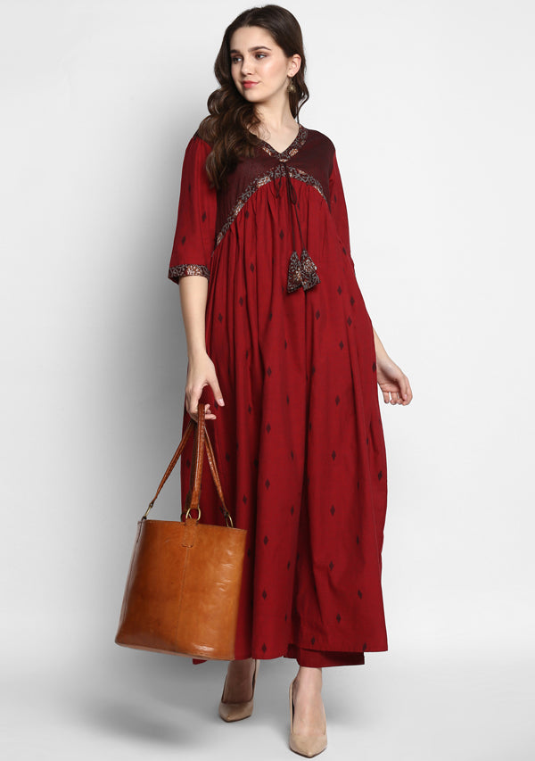 Adaa Maroon Black Cotton Dress With Printed Trimmings And Pants - unidra.myshopify.com