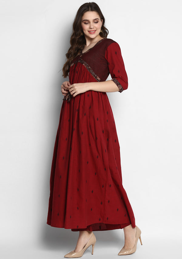 Adaa Maroon Black Cotton Dress With Printed Trimmings And Pants - unidra.myshopify.com
