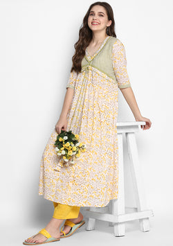 Adaa White Yellow Hand Block Printed Kurta with Striped Trimmings paired with Yellow Pants - unidra.myshopify.com