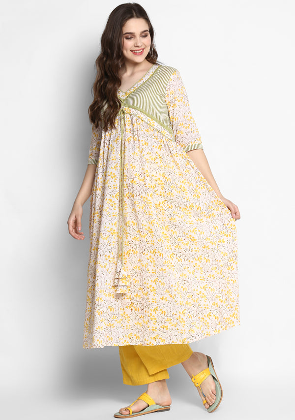 Adaa White Yellow Hand Block Printed Kurta with Striped Trimmings paired with Yellow Pants - unidra.myshopify.com