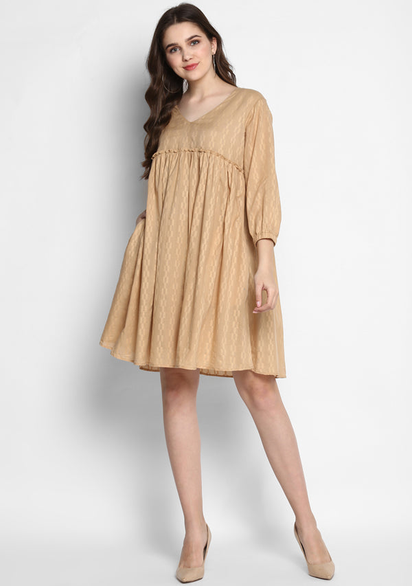 Beige Self Weave Short Cotton Dress with Fitted Bodice and Gathers - unidra.myshopify.com