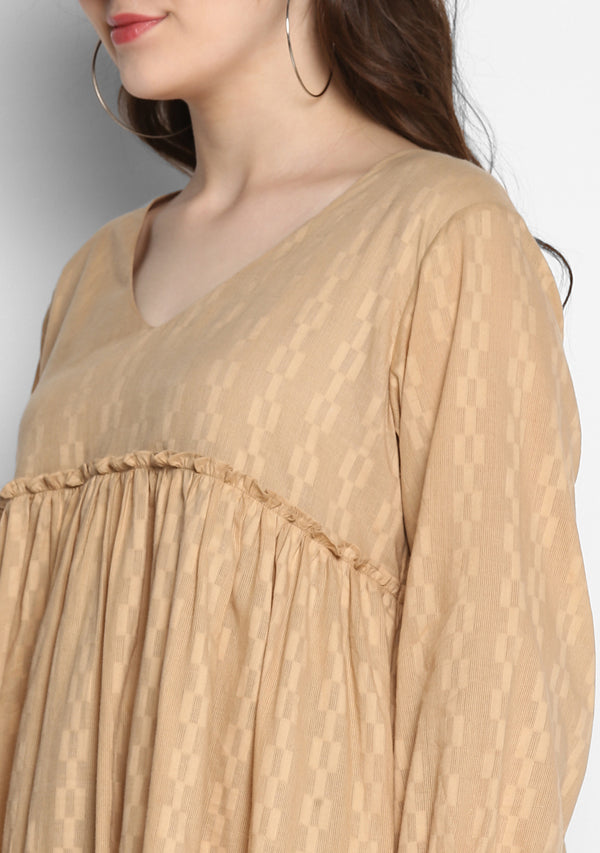 Beige Self Weave Short Cotton Dress with Fitted Bodice and Gathers - unidra.myshopify.com