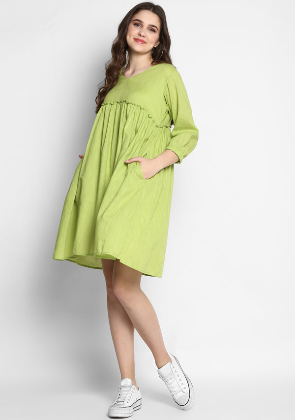 Parrot Green Short Cotton Dress with Fitted Bodice and Gathers - unidra.myshopify.com
