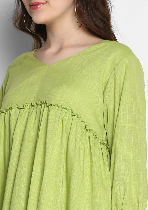 Parrot Green Short Cotton Dress with Fitted Bodice and Gathers - unidra.myshopify.com