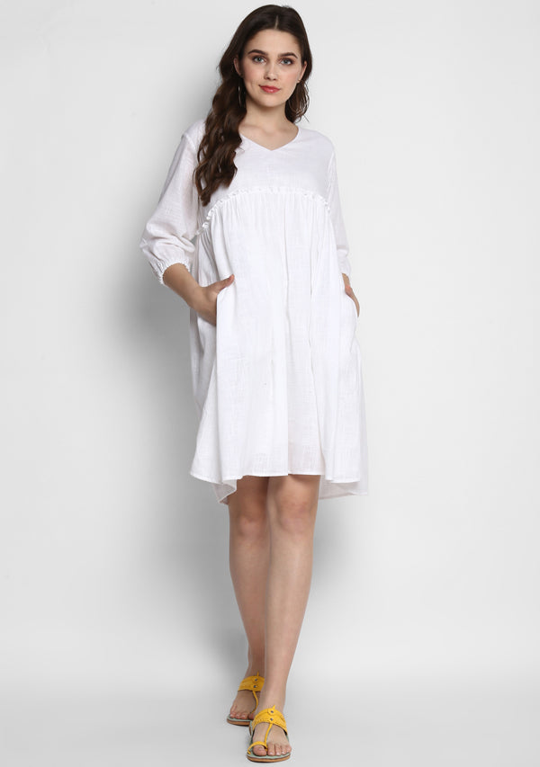 White Short Cotton Dress with Fitted Bodice and Gathers - unidra.myshopify.com