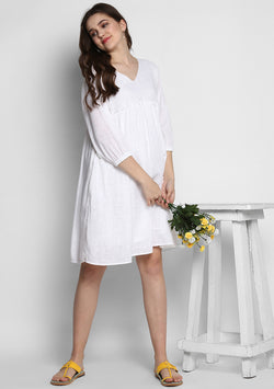 White Short Cotton Dress with Fitted Bodice and Gathers - unidra.myshopify.com