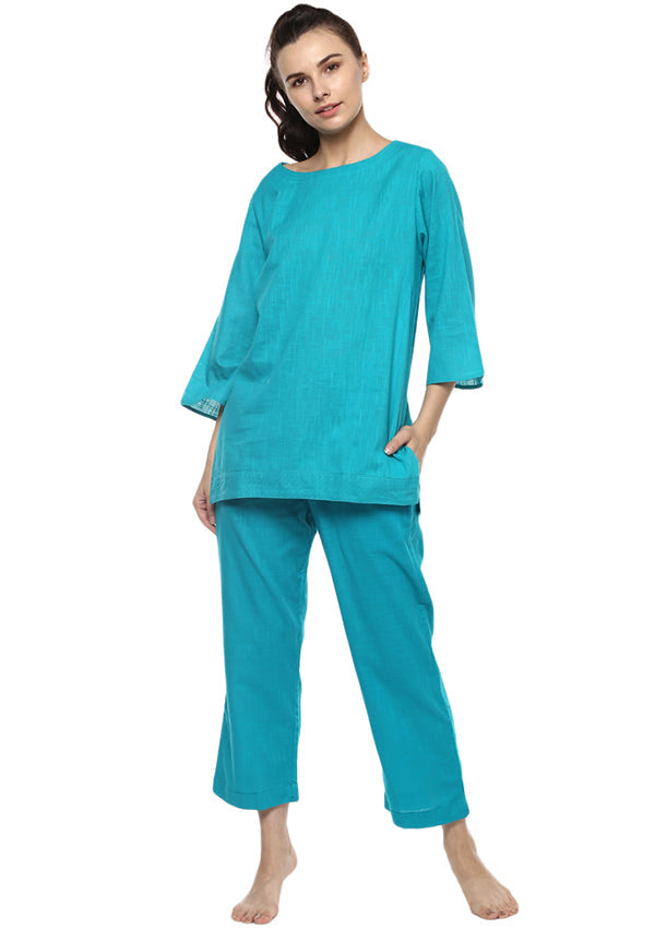 Turquoise Cotton Yoga Wear With Sleeves - unidra.myshopify.com