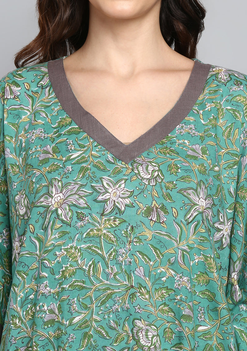 Green Grey Hand Block Printed Floral V-Neck Cotton Kaftan - unidra.myshopify.com