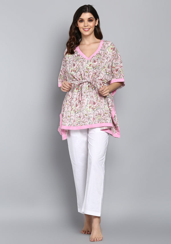 Pink Grey Hand Block Printed Floral Short Kaftan with Pyjama - unidra.myshopify.com