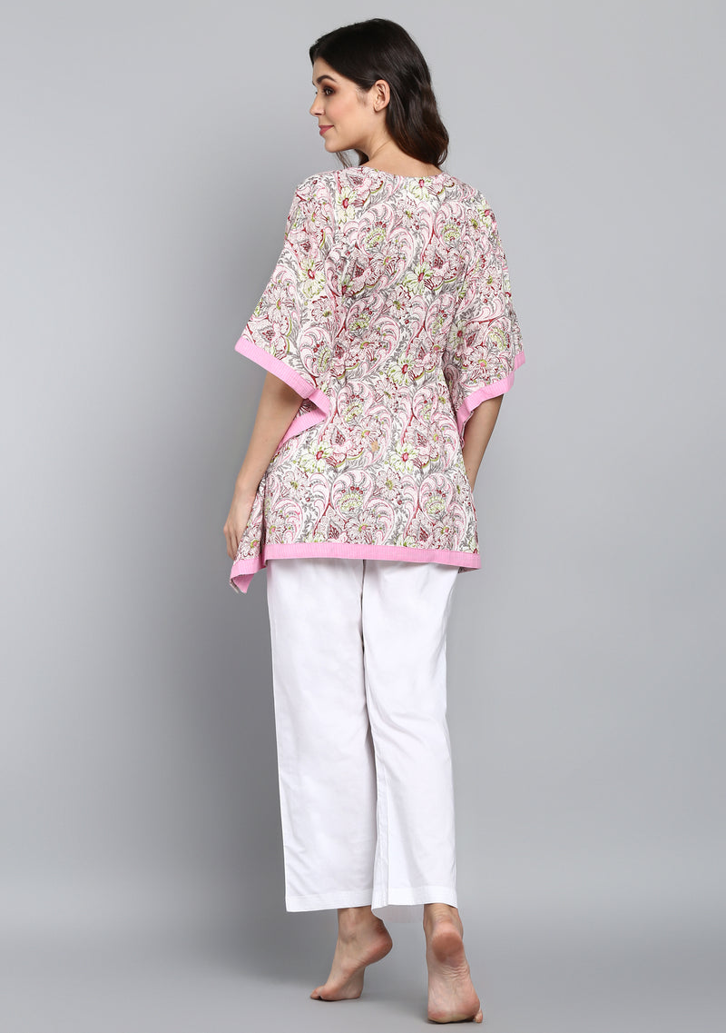 Pink Grey Hand Block Printed Floral Short Kaftan with Pyjama - unidra.myshopify.com