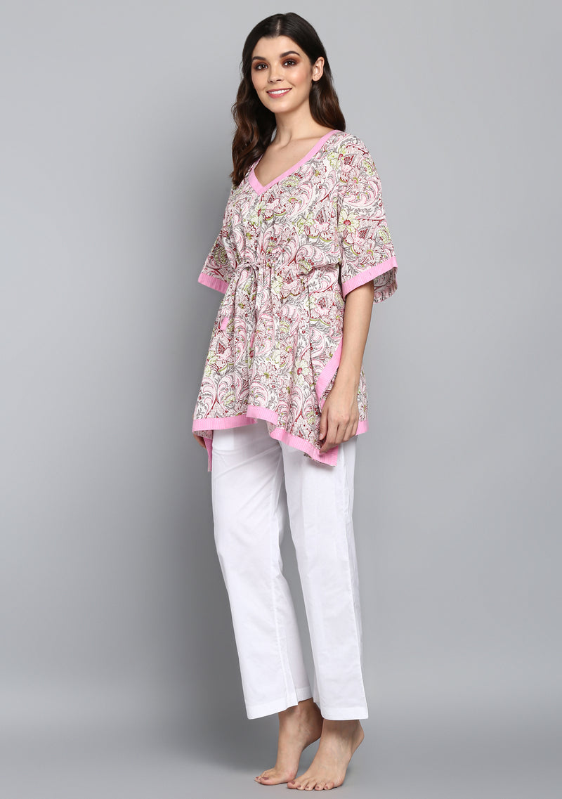 Pink Grey Hand Block Printed Floral Short Kaftan Tunic - unidra.myshopify.com