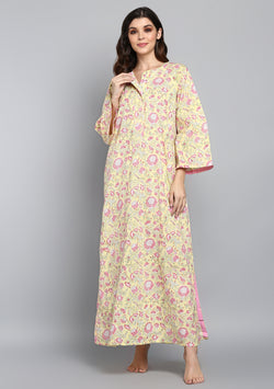 Soft Yellow Pink Hand Block Printed Floral Cotton Night Dress Long Sleeves and Zip Detail - unidra.myshopify.com