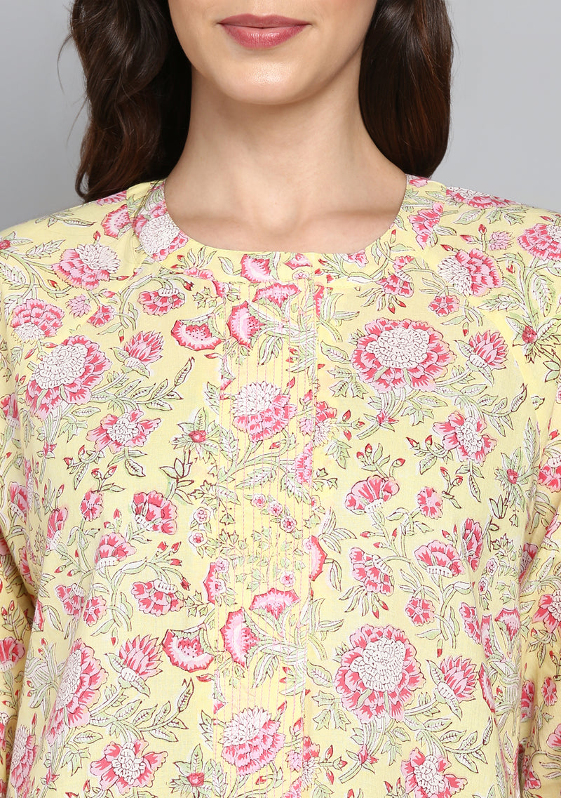Soft Yellow Pink Hand Block Printed Floral Cotton Night Dress Long Sleeves and Zip Detail - unidra.myshopify.com