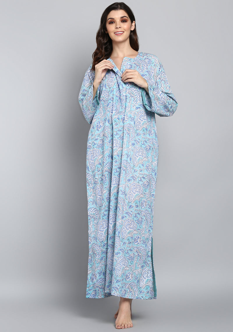 Aqua Blue Hand Block Printed Floral Cotton Night Dress Long Sleeves and Zip Detail - unidra.myshopify.com