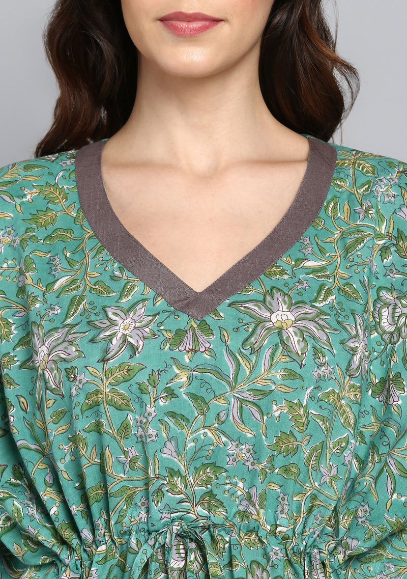 Green Grey Yellow Hand Block Printed Floral Short Kaftan with Pyjamas - unidra.myshopify.com