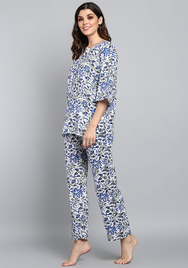 White Blue And Green Hand Block Printed Floral Cotton Night Suit - unidra.myshopify.com