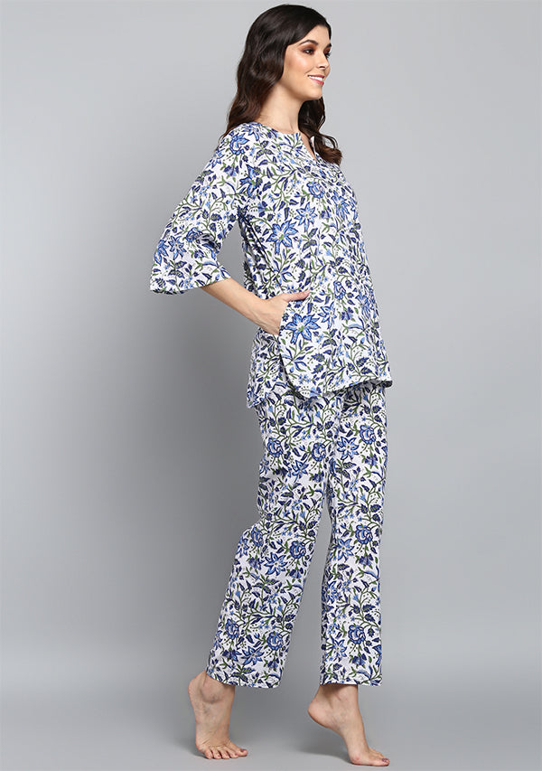 White Blue And Green Hand Block Printed Floral Cotton Night Suit - unidra.myshopify.com