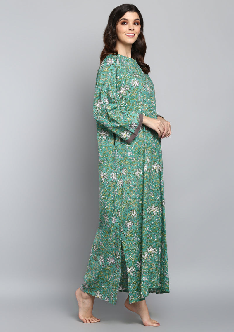Green Grey Hand Block Printed Floral Cotton Night Dress Long Sleeves and Zip Detail - unidra.myshopify.com