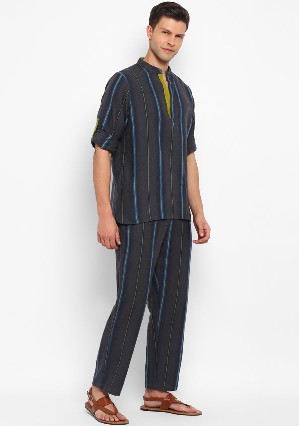 Flannel Grey Yellow Striped Shirt and Pyjamas For Men