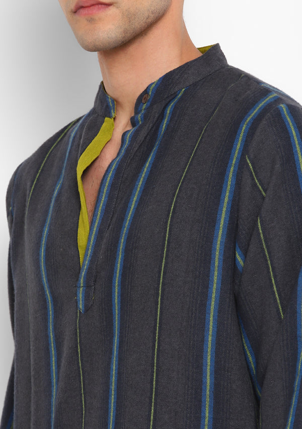 Flannel Grey Yellow Striped Shirt and Pyjamas For Men