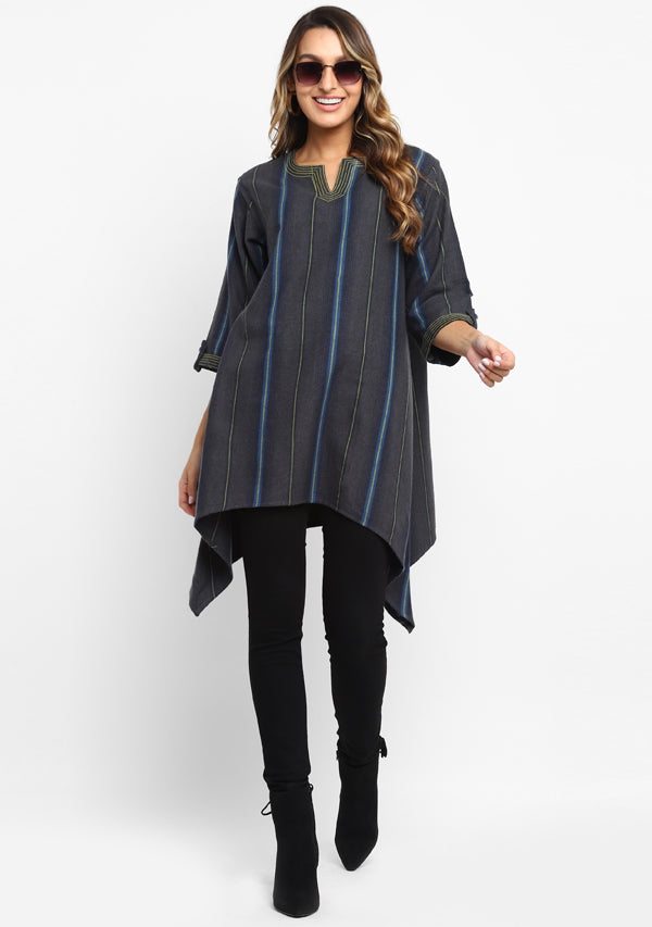 Flannel Grey Yellow Striped Asymmetric Tunic with Contrast Stitch Lines