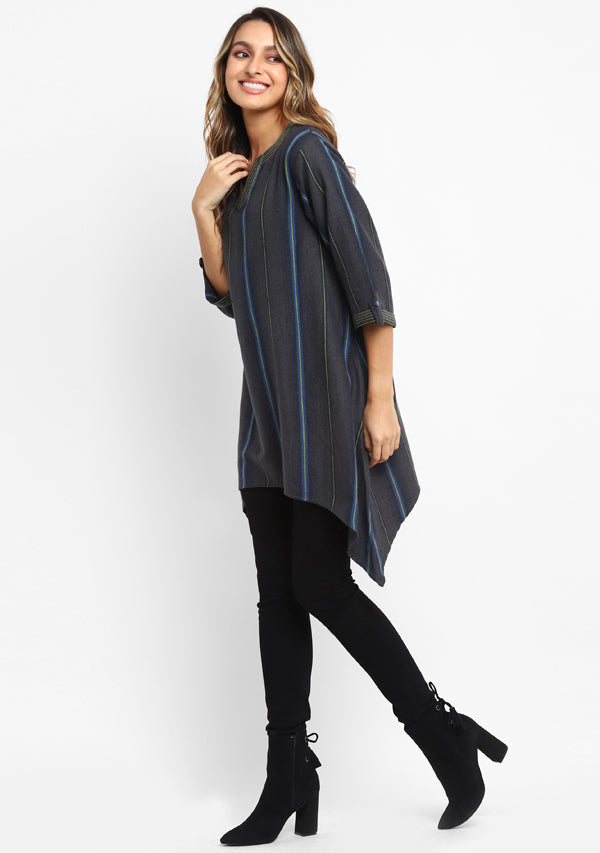 Flannel Grey Yellow Striped Asymmetric Tunic with Contrast Stitch Lines