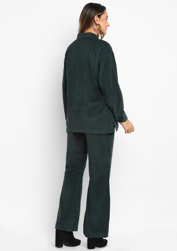 Bottle Green Corduroy Collared  Co-ord Set