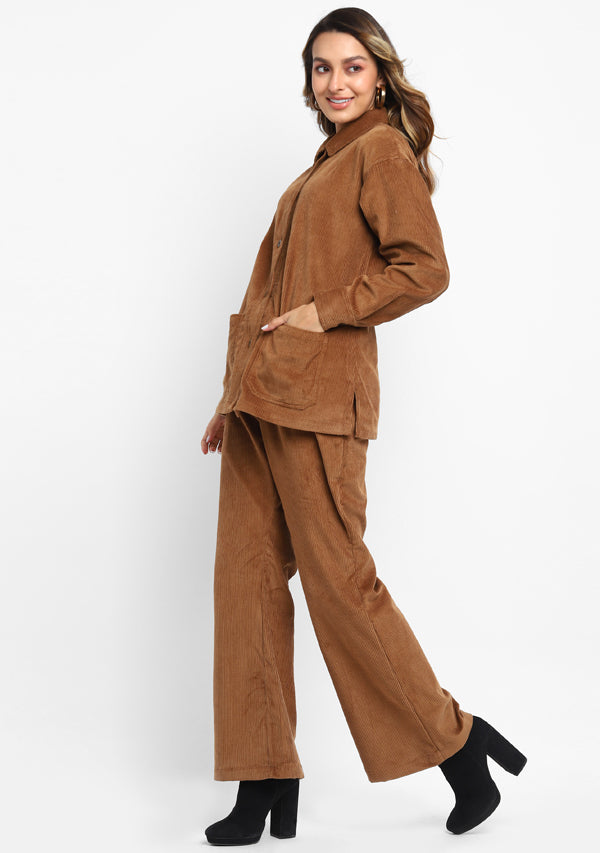 Corduroy Brown Collared  Co-ord Set