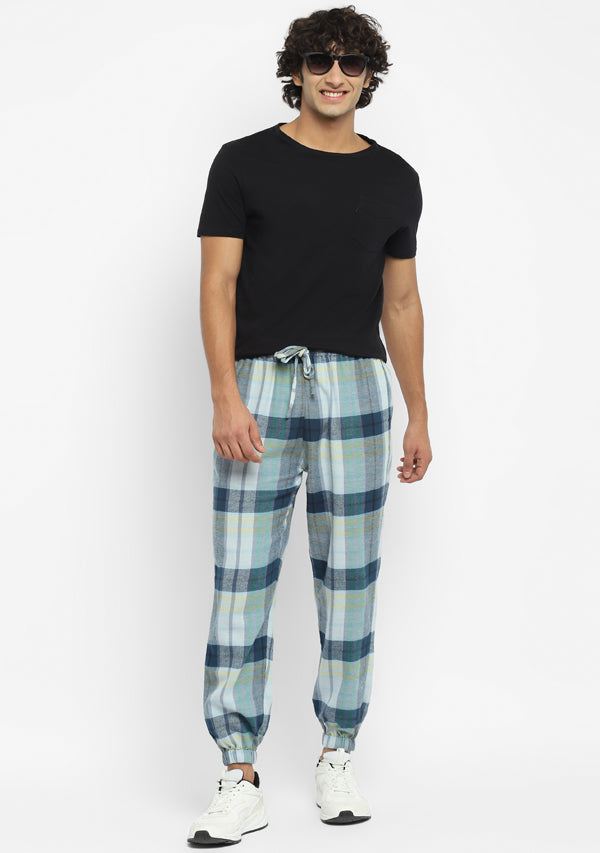 Flannel Blue Green Checked Jogger Pants For Men